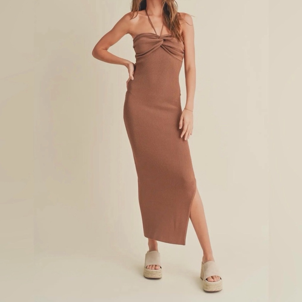 MIOU MUSE RUCHED DETAIL HALTER NECK KNIT BROWN DRESS
